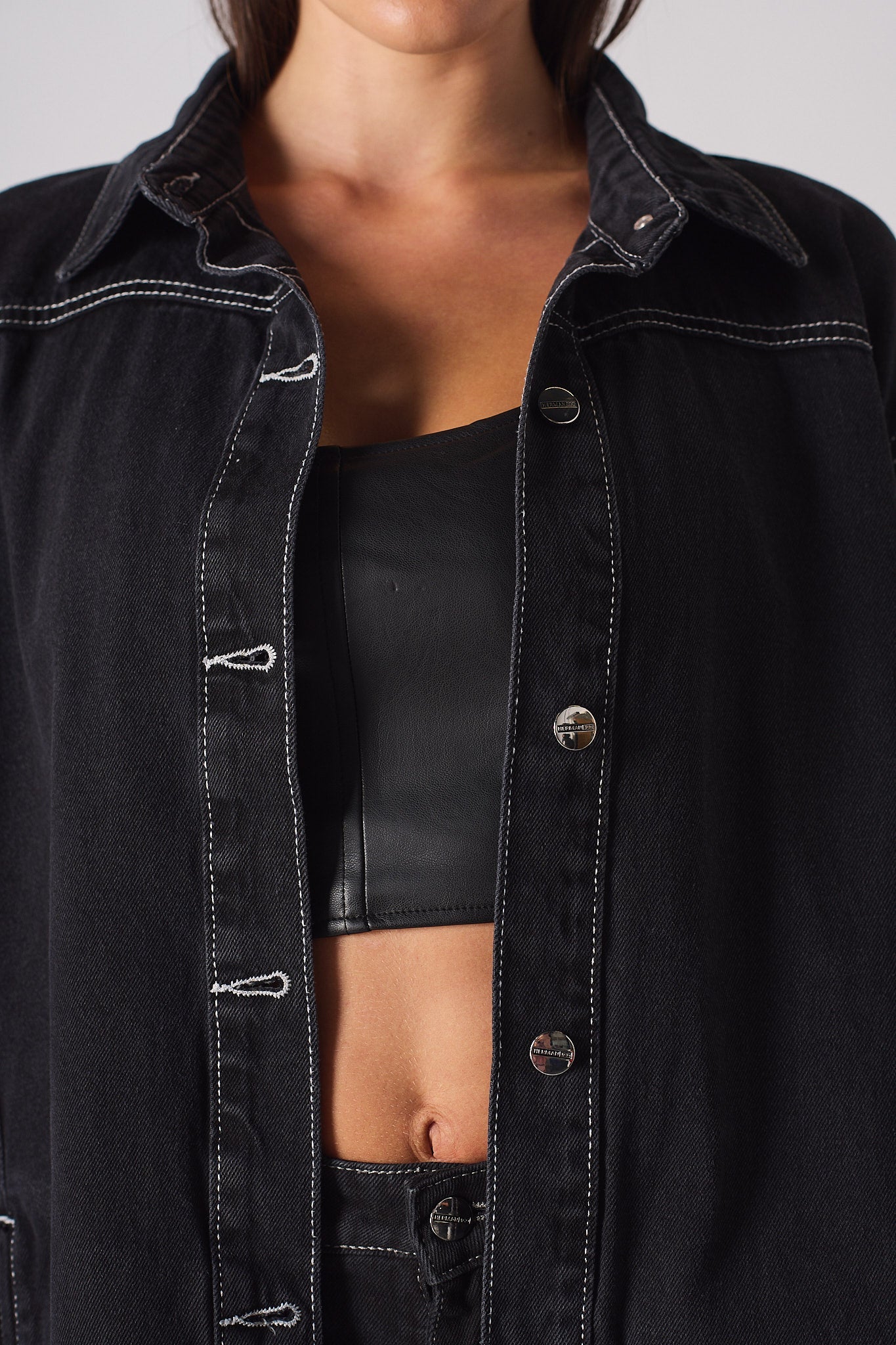 DENIM SHIRT WITH CONTRAST STITCH - BLACK