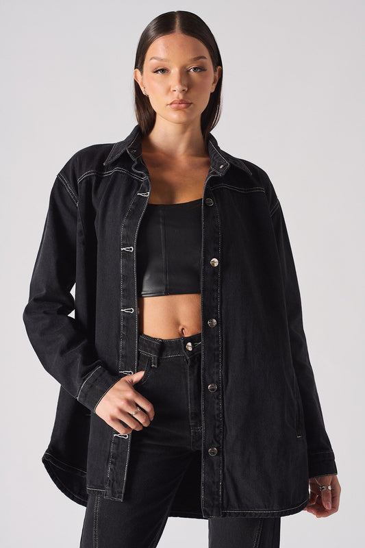 DENIM SHIRT WITH CONTRAST STITCH - BLACK