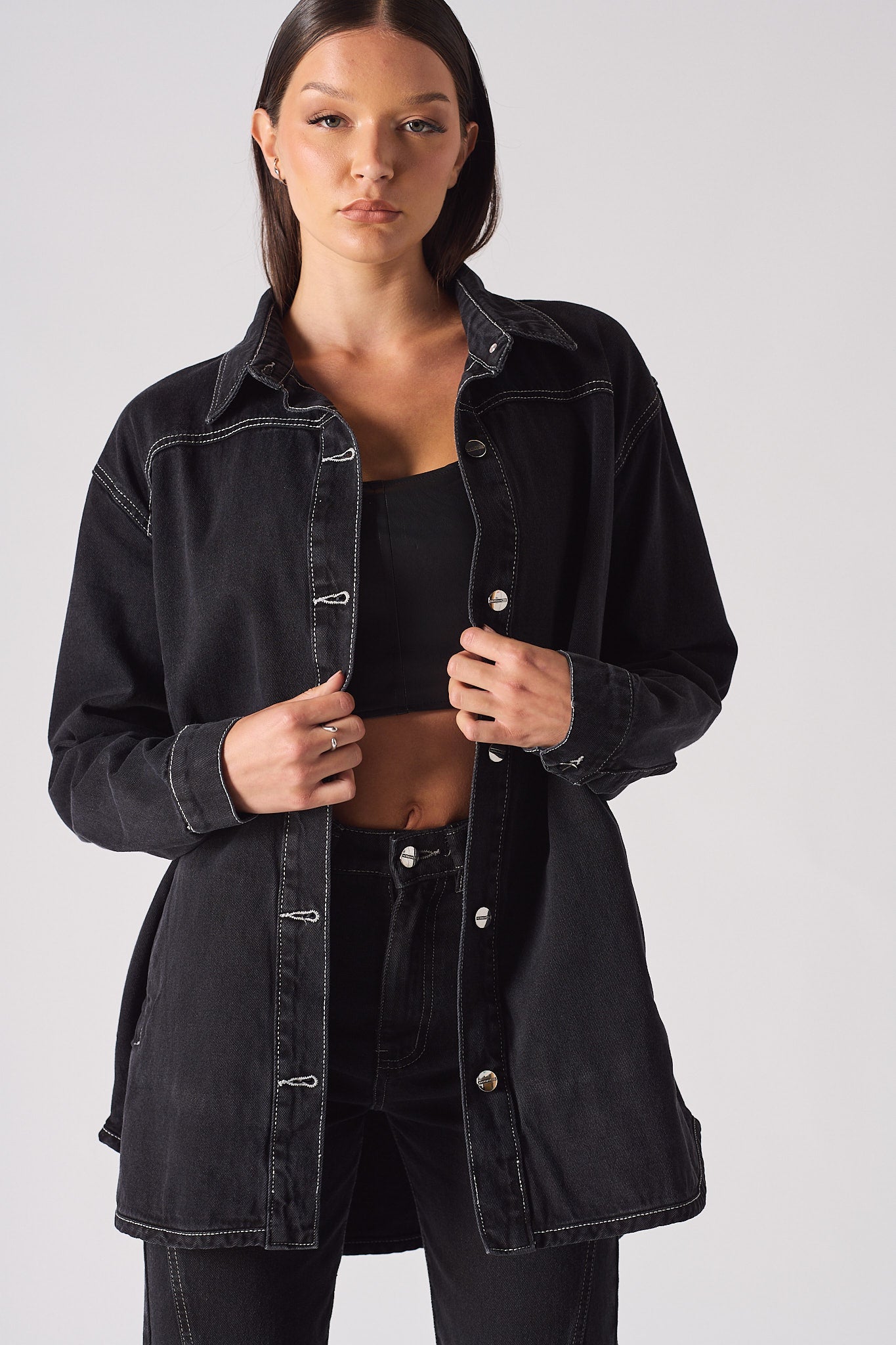 DENIM SHIRT WITH CONTRAST STITCH - BLACK
