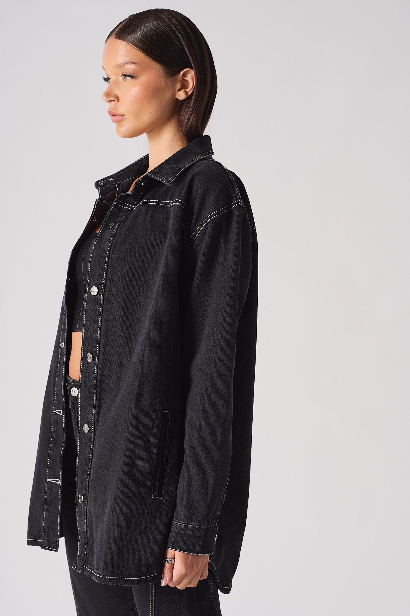 DENIM SHIRT WITH CONTRAST STITCH - BLACK