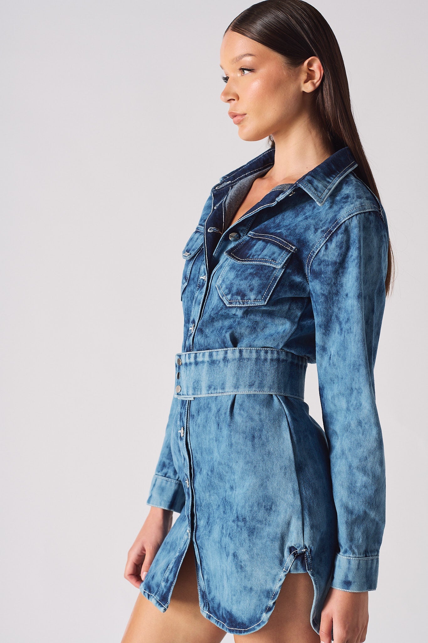 DENIM SHIRT DRESS WITH POPPER BELT - BLUE