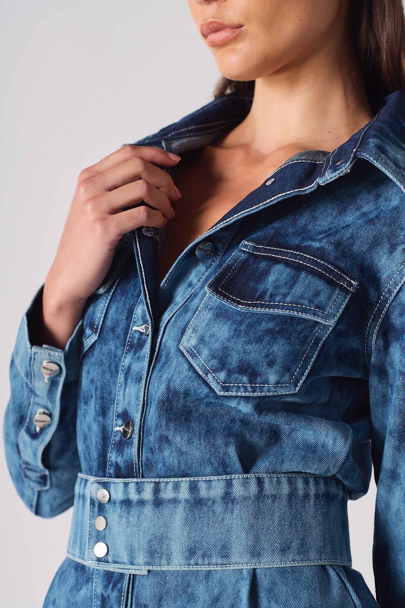 DENIM SHIRT DRESS WITH POPPER BELT - BLUE