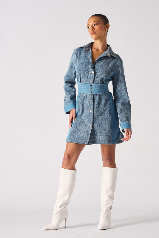 DENIM BELTED DRESS - BLUE WASH