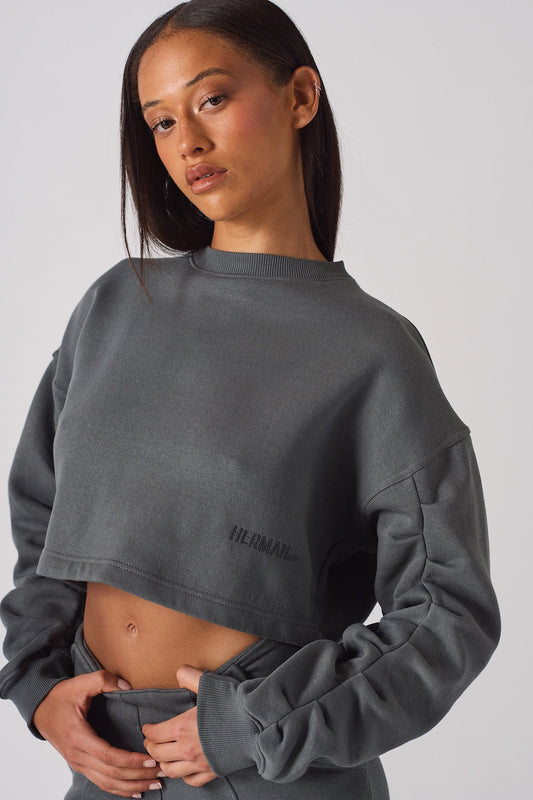 CROPPED CREW NECK JUMPER - GREY