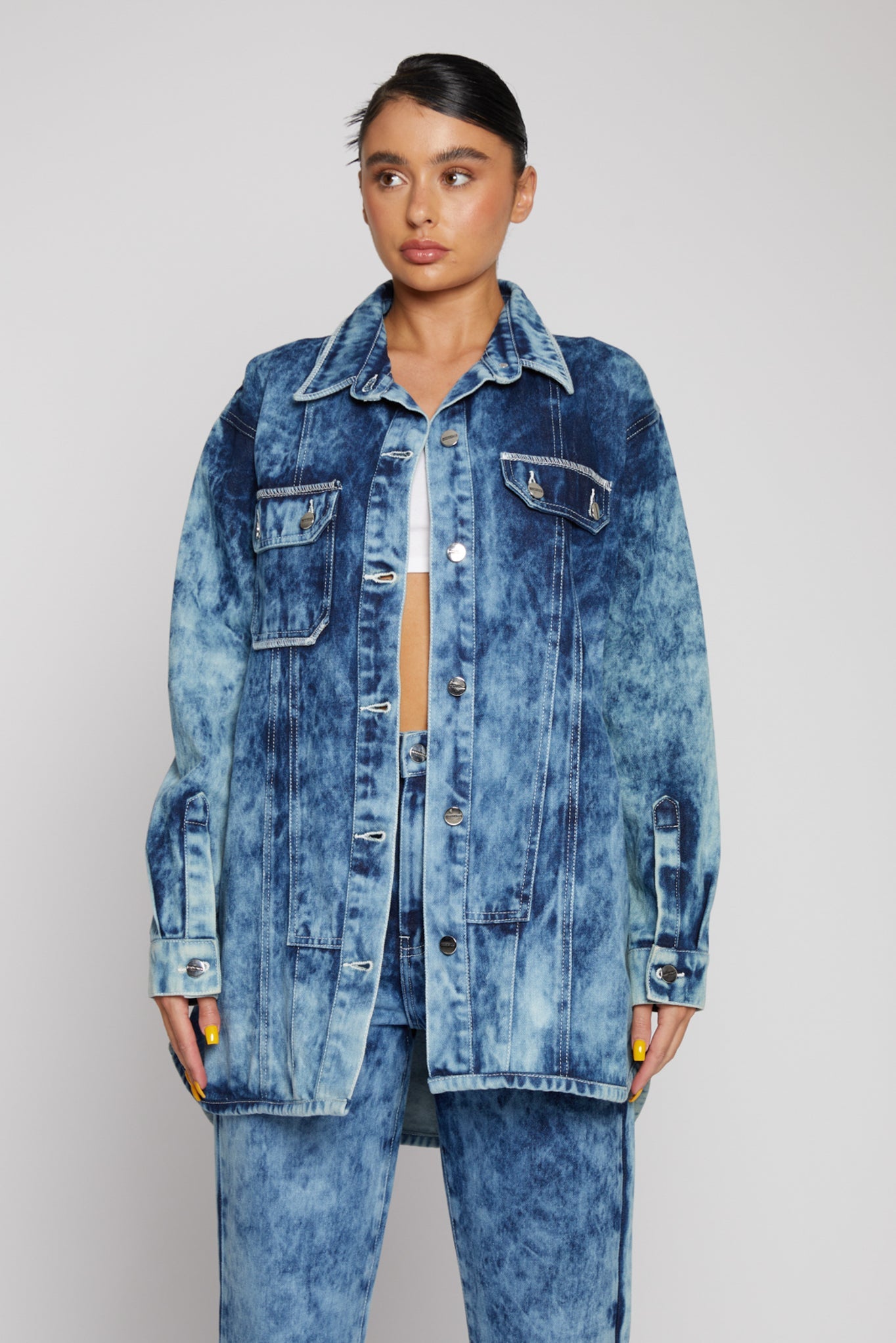 OVERSIZED ACID WASH DENIM SHIRT DRESS - BLUE