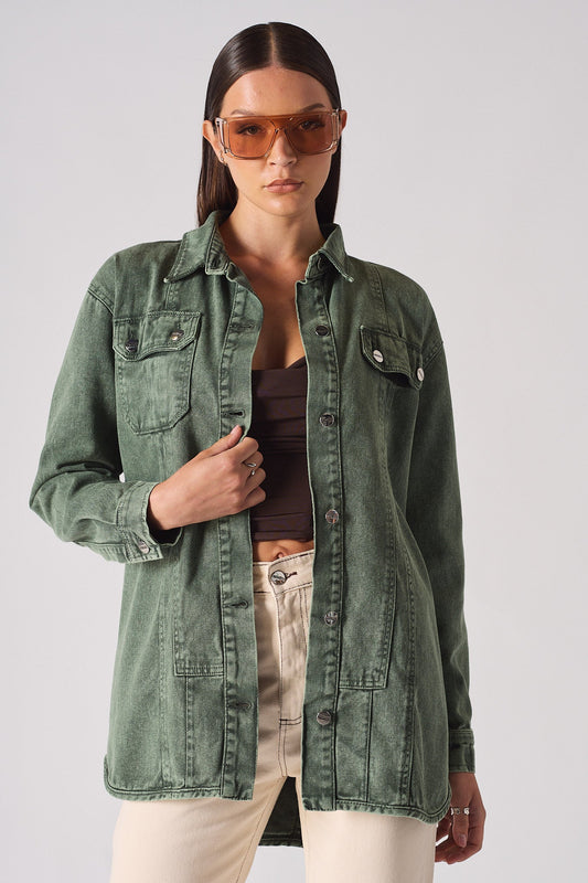 OVERSIZED DENIM SEAM DETAIL SHIRT - GREEN