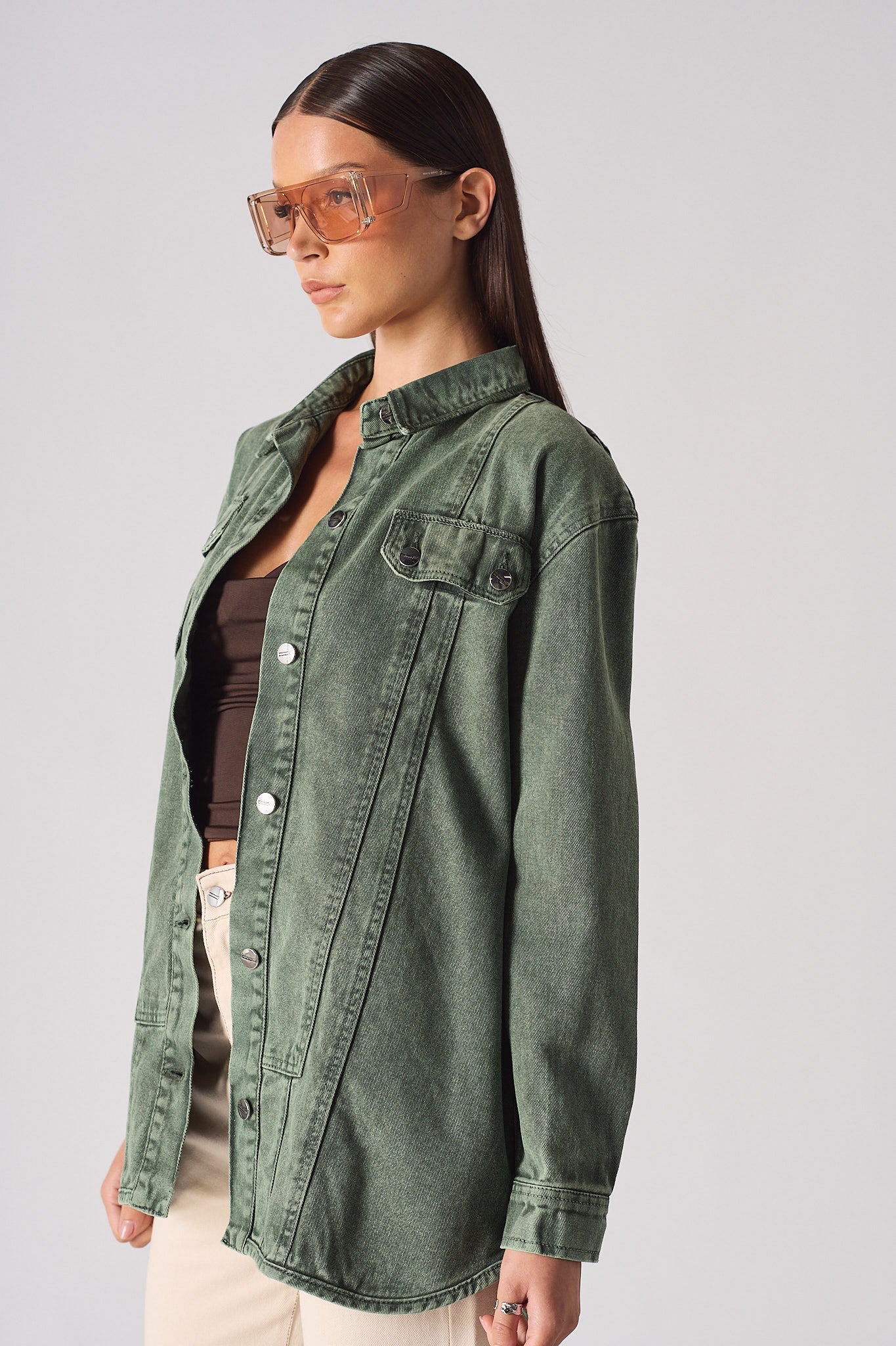 OVERSIZED DENIM SEAM DETAIL SHIRT - GREEN