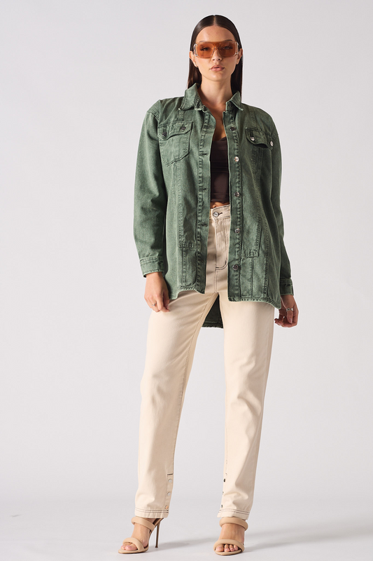 OVERSIZED DENIM SEAM DETAIL SHIRT - GREEN