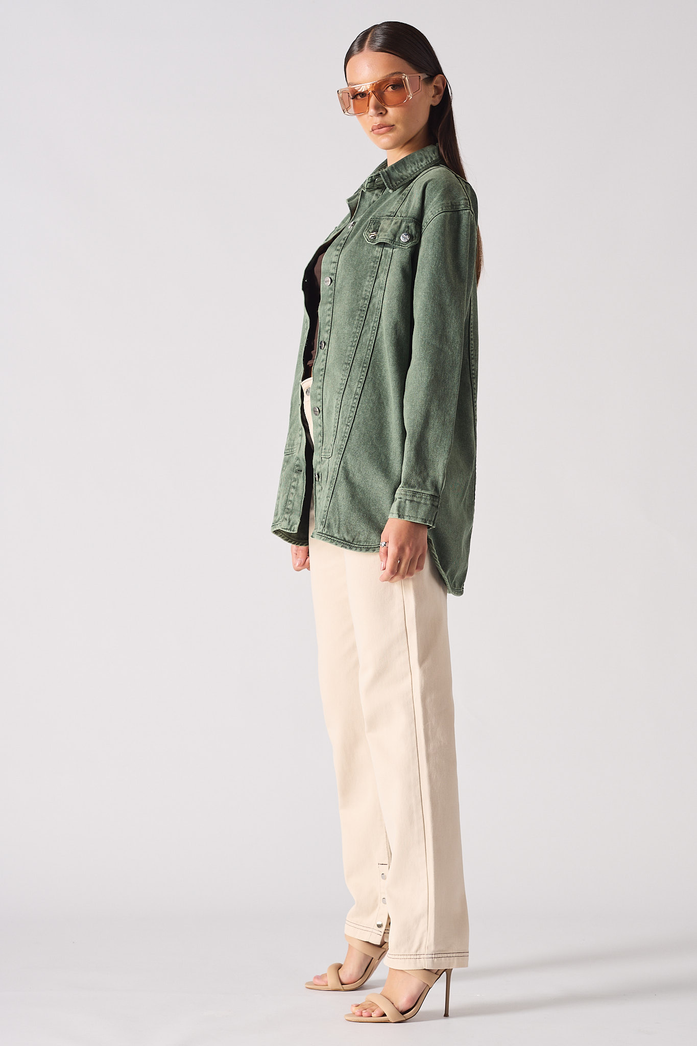 OVERSIZED DENIM SEAM DETAIL SHIRT - GREEN