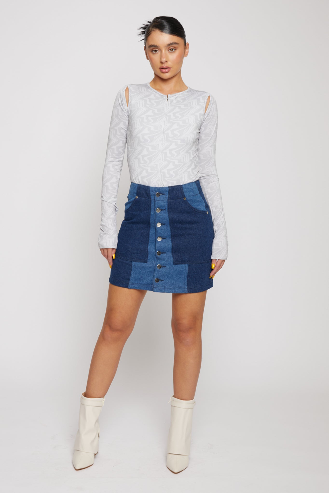 HIGH WAISTED CONTRAST PANEL DENIM SKIRT - BLUE