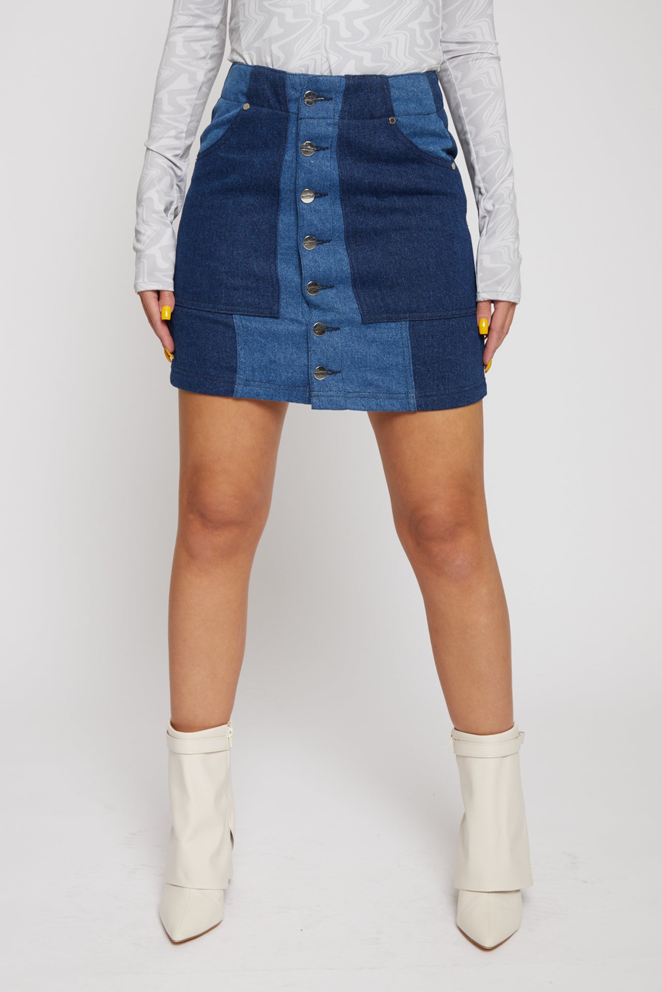 HIGH WAISTED CONTRAST PANEL DENIM SKIRT - BLUE