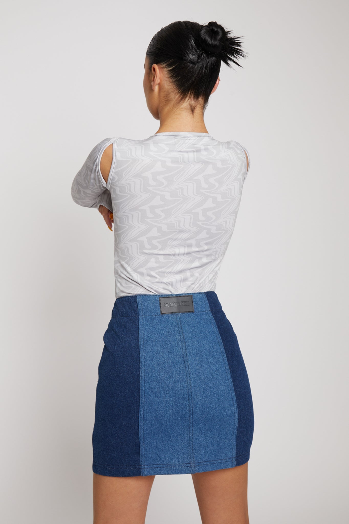 HIGH WAISTED CONTRAST PANEL DENIM SKIRT - BLUE