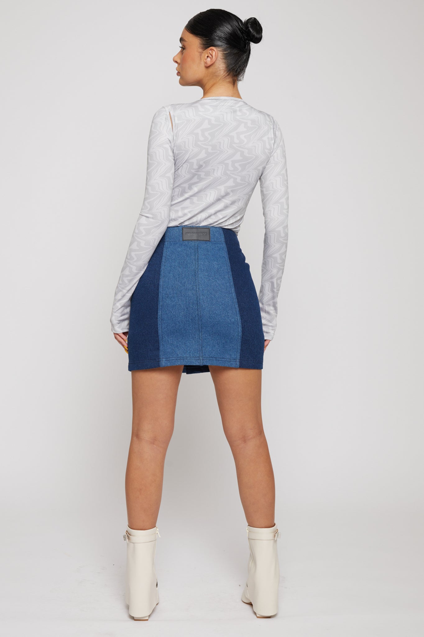 HIGH WAISTED CONTRAST PANEL DENIM SKIRT - BLUE