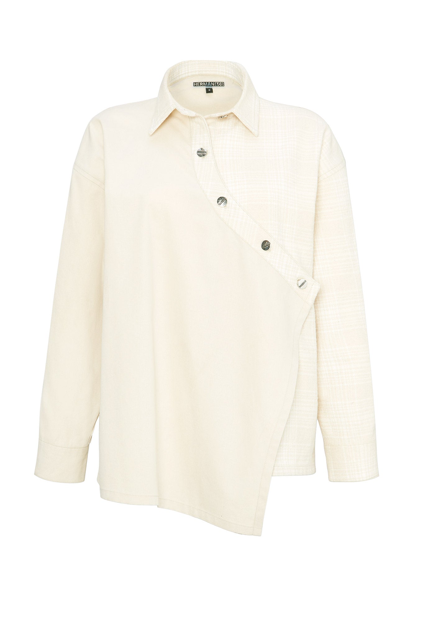 COTTON AND CHECK ASYMMETRIC SHIRT - BEIGE