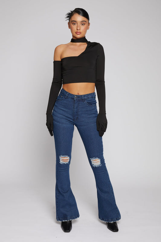 DISTRESSED FLARE JEANS - DARK BLUE