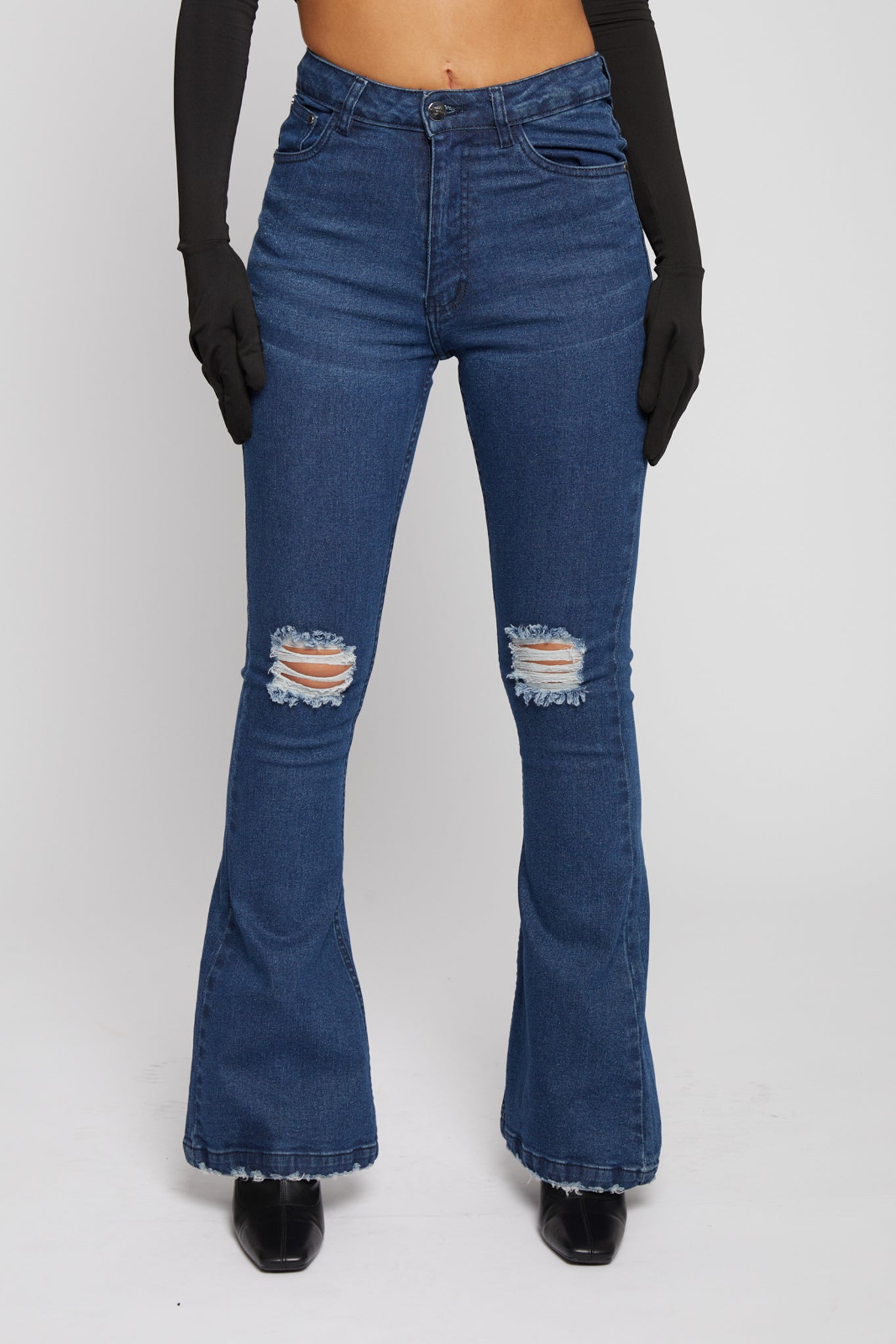 DISTRESSED FLARE JEANS - DARK BLUE