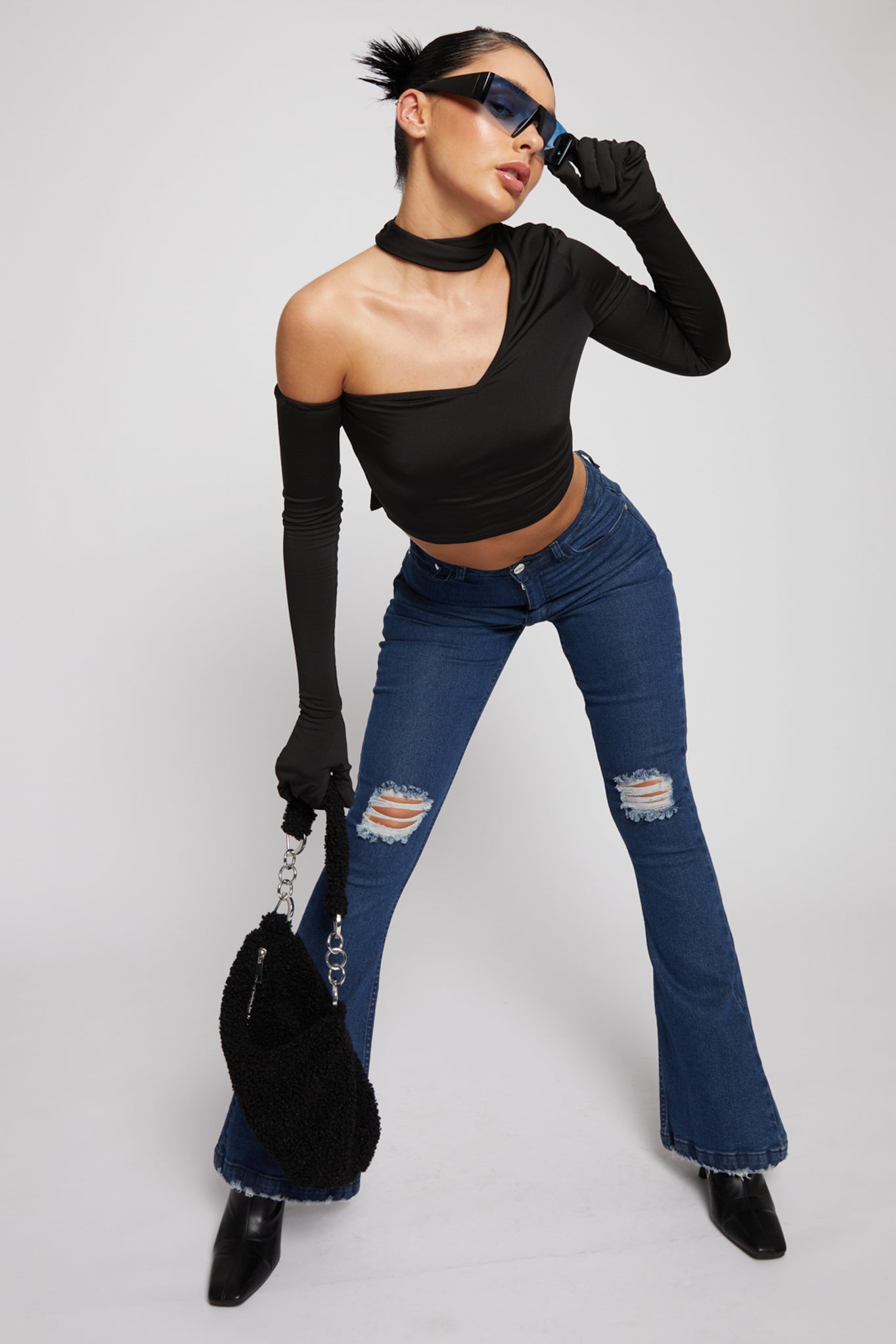 DISTRESSED FLARE JEANS - DARK BLUE