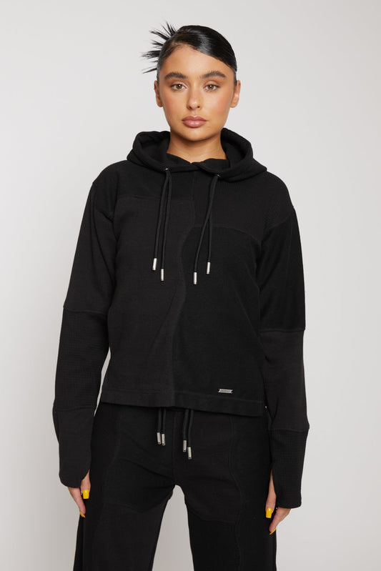 DOUBLE DRAWSTRING PULLOVER HOODIE - BLACK