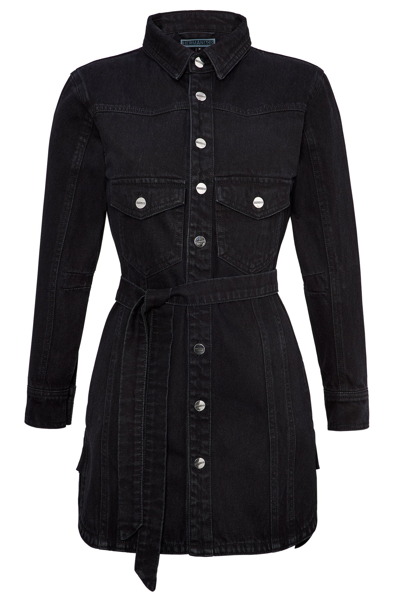 DENIM DRESS WITH TIE BELT - BLACK