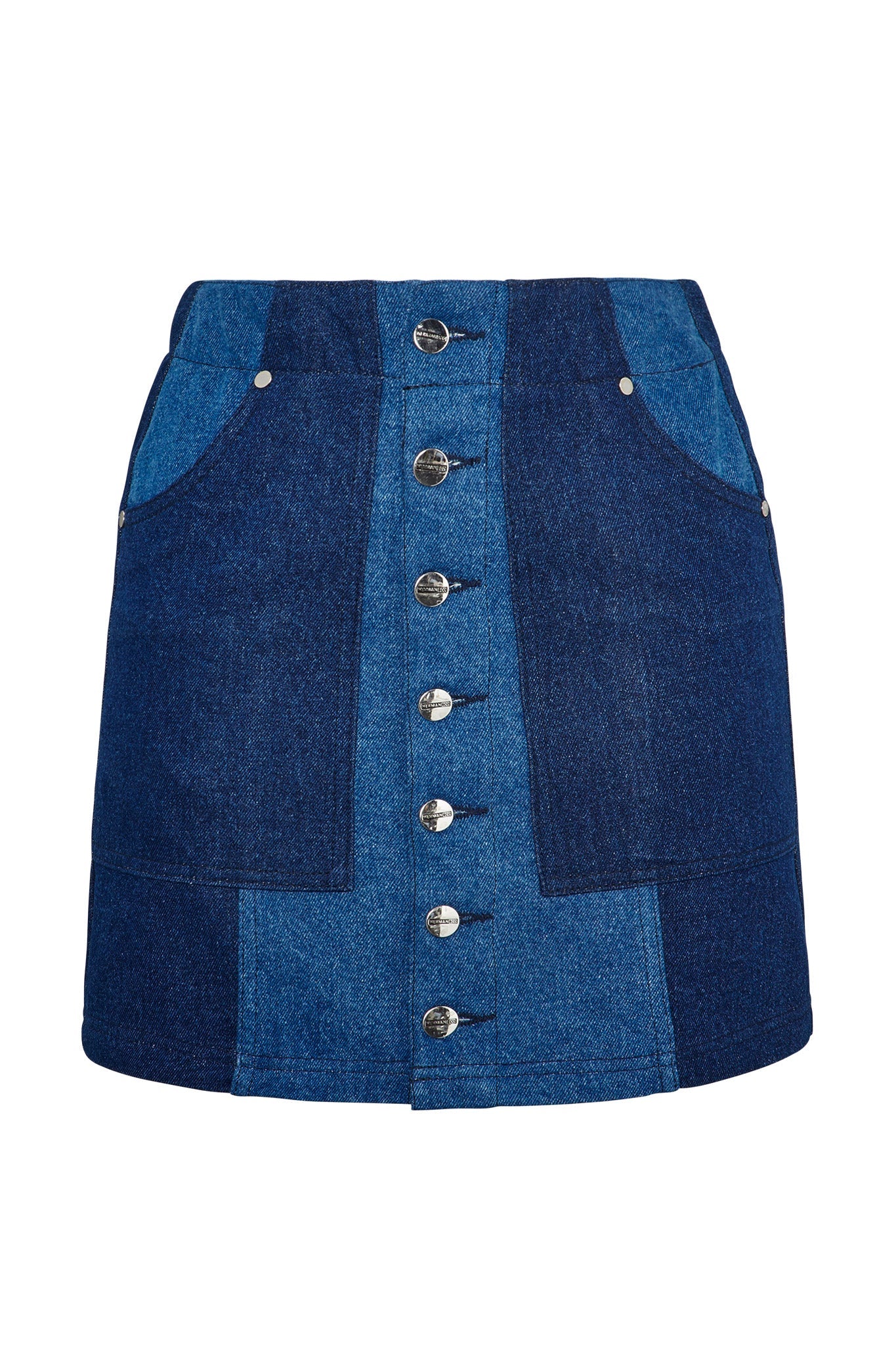 HIGH WAISTED CONTRAST PANEL DENIM SKIRT - BLUE