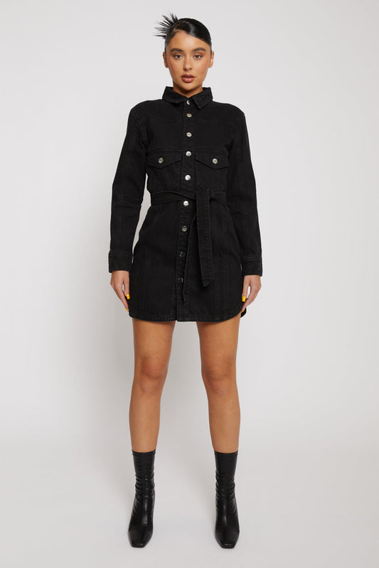 DENIM DRESS WITH TIE BELT - BLACK