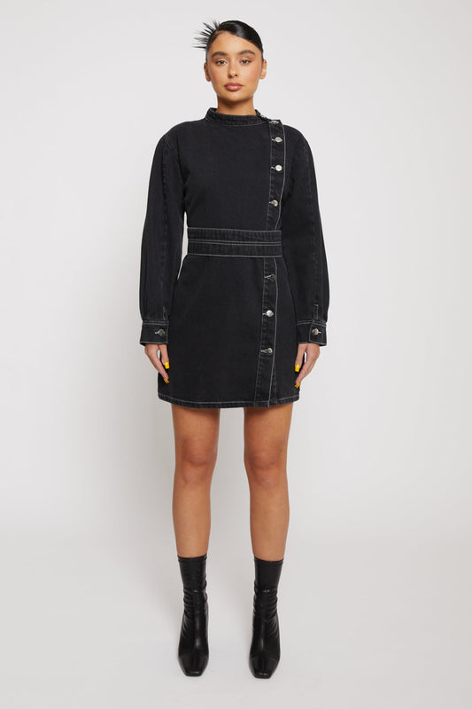 ASYMMETRIC BELTED DRESS - BLACK