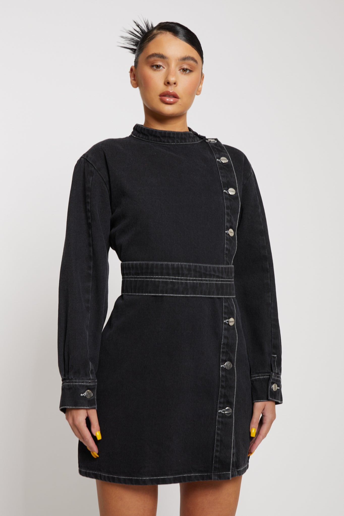 ASYMMETRIC BELTED DRESS - BLACK