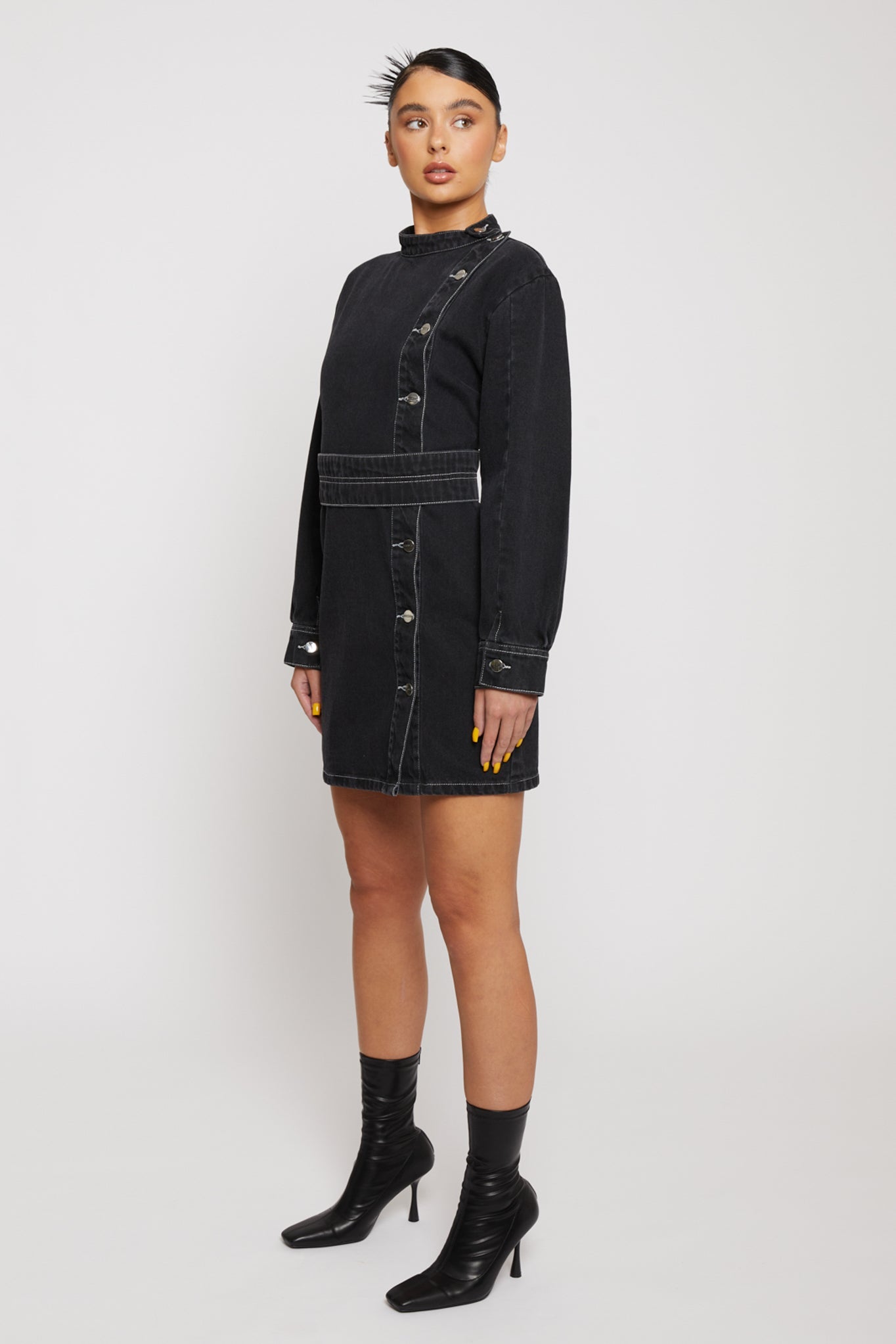 ASYMMETRIC BELTED DRESS - BLACK