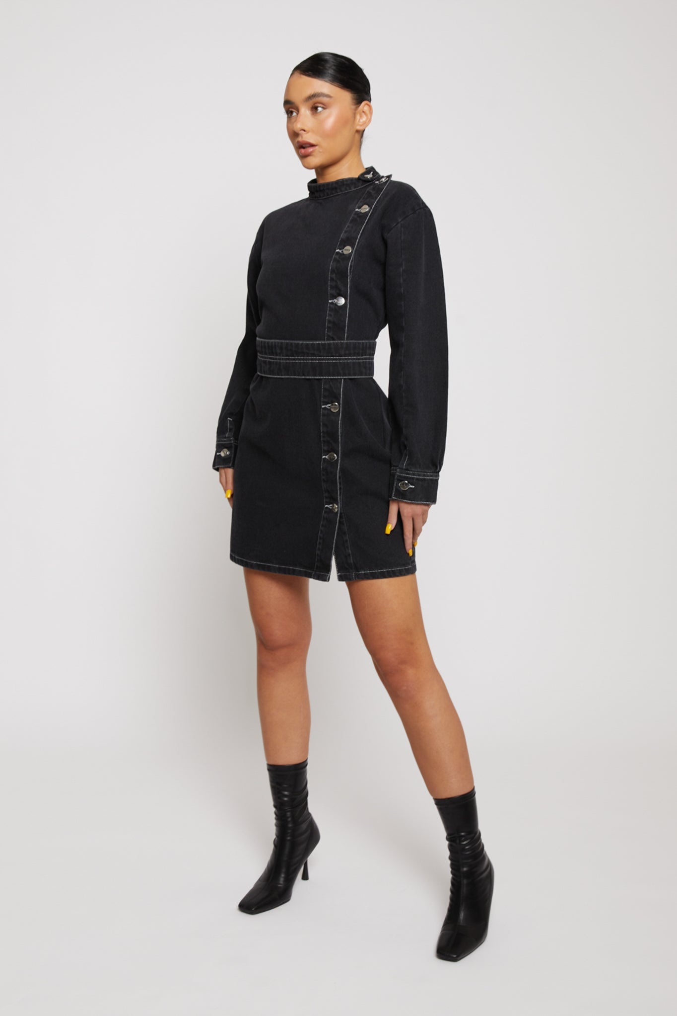 ASYMMETRIC BELTED DRESS - BLACK