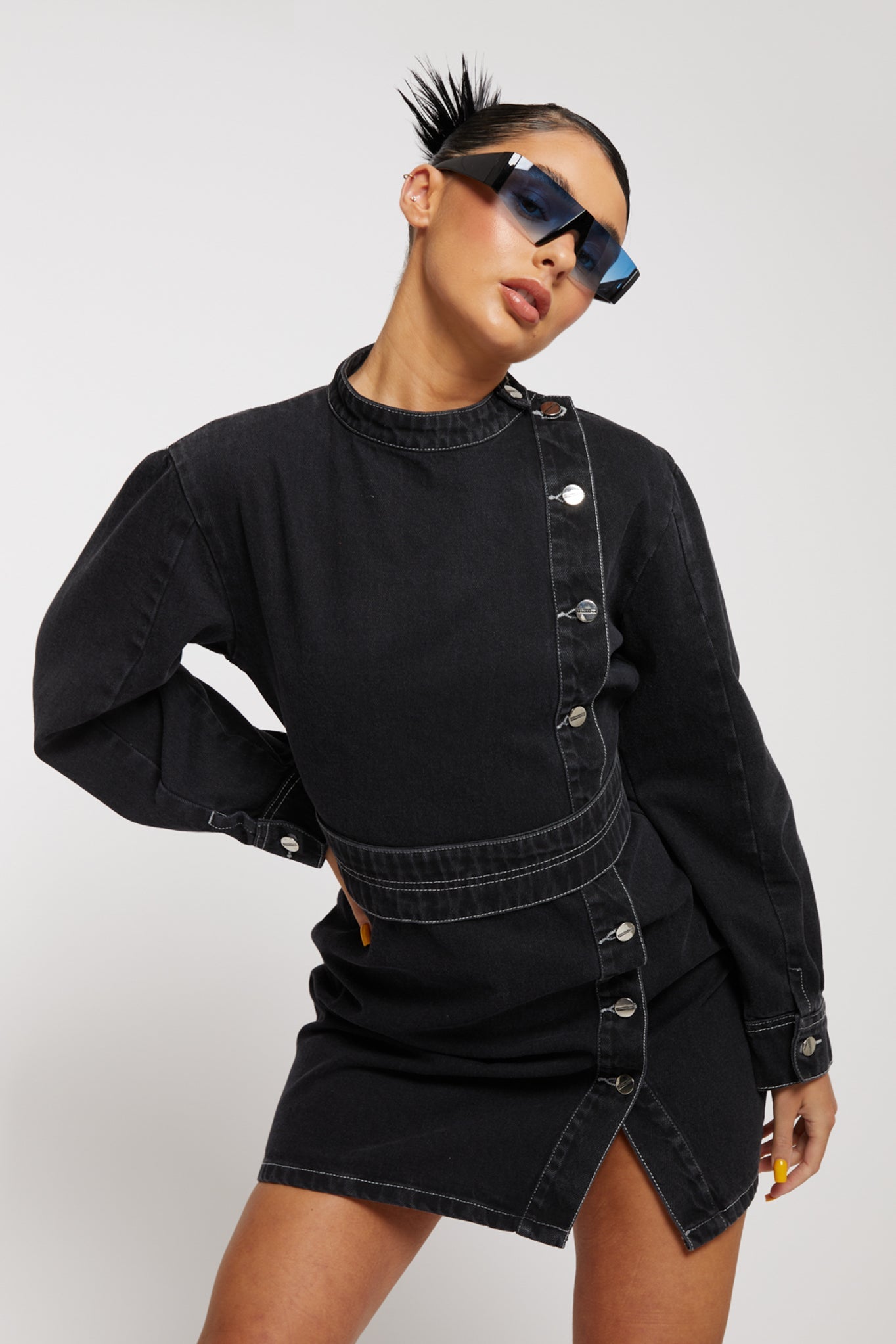 ASYMMETRIC BELTED DRESS - BLACK