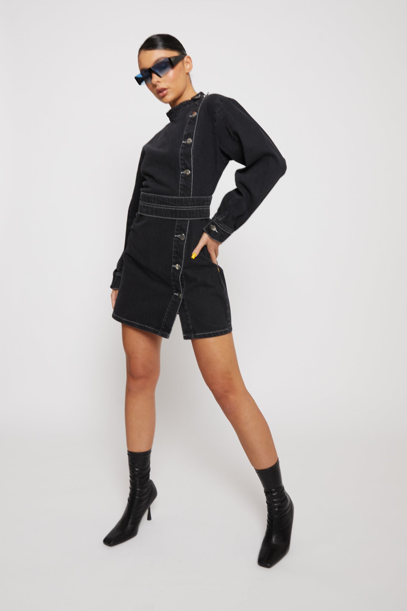 ASYMMETRIC BELTED DRESS - BLACK