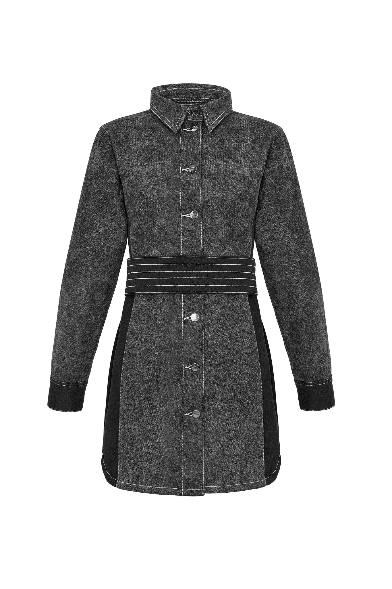 DENIM BELTED DRESS - GREY