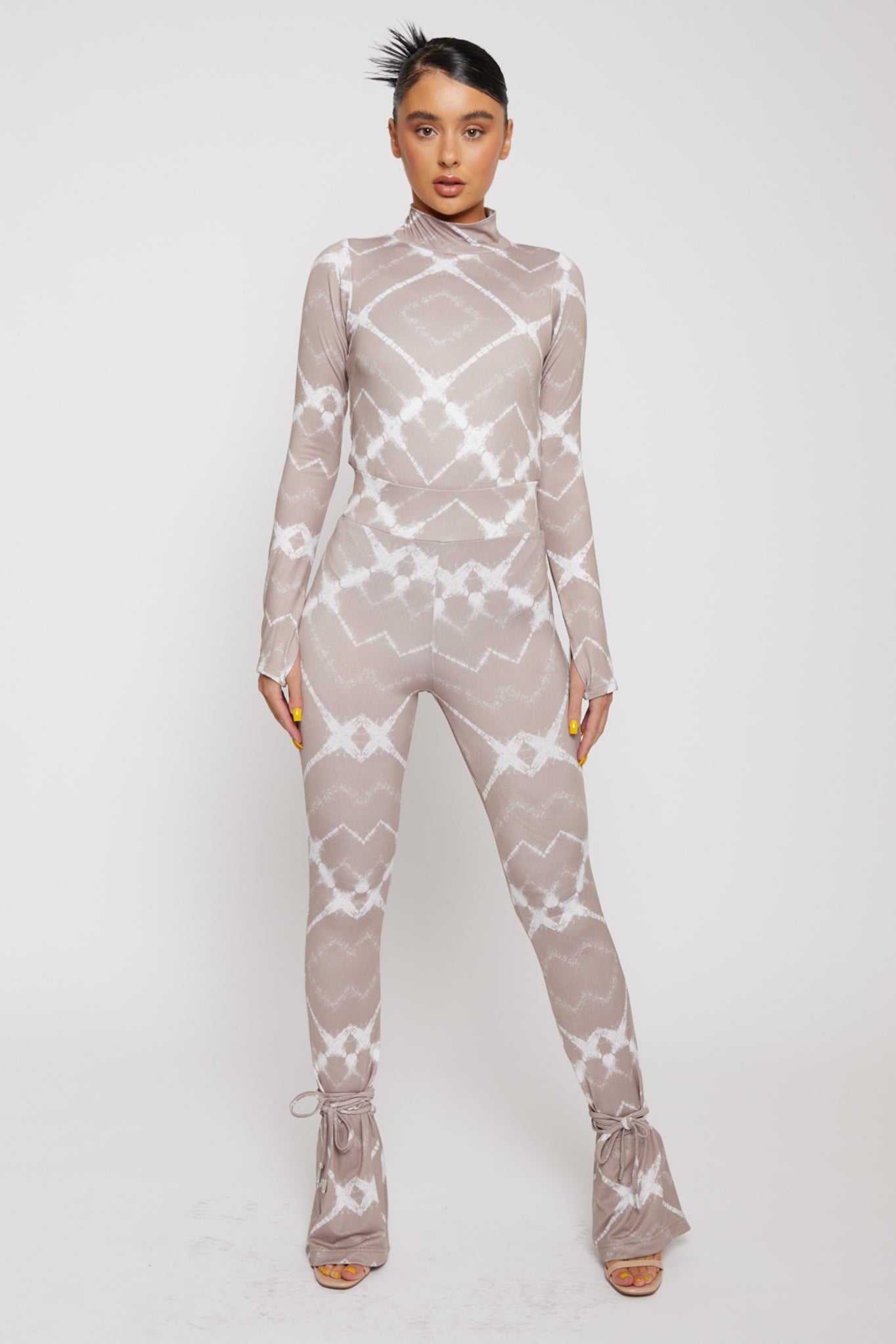 PRINTED HIGH NECK BODYSUIT - TAUPE