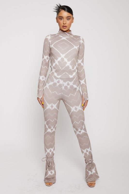 PRINTED HIGH NECK BODYSUIT - TAUPE