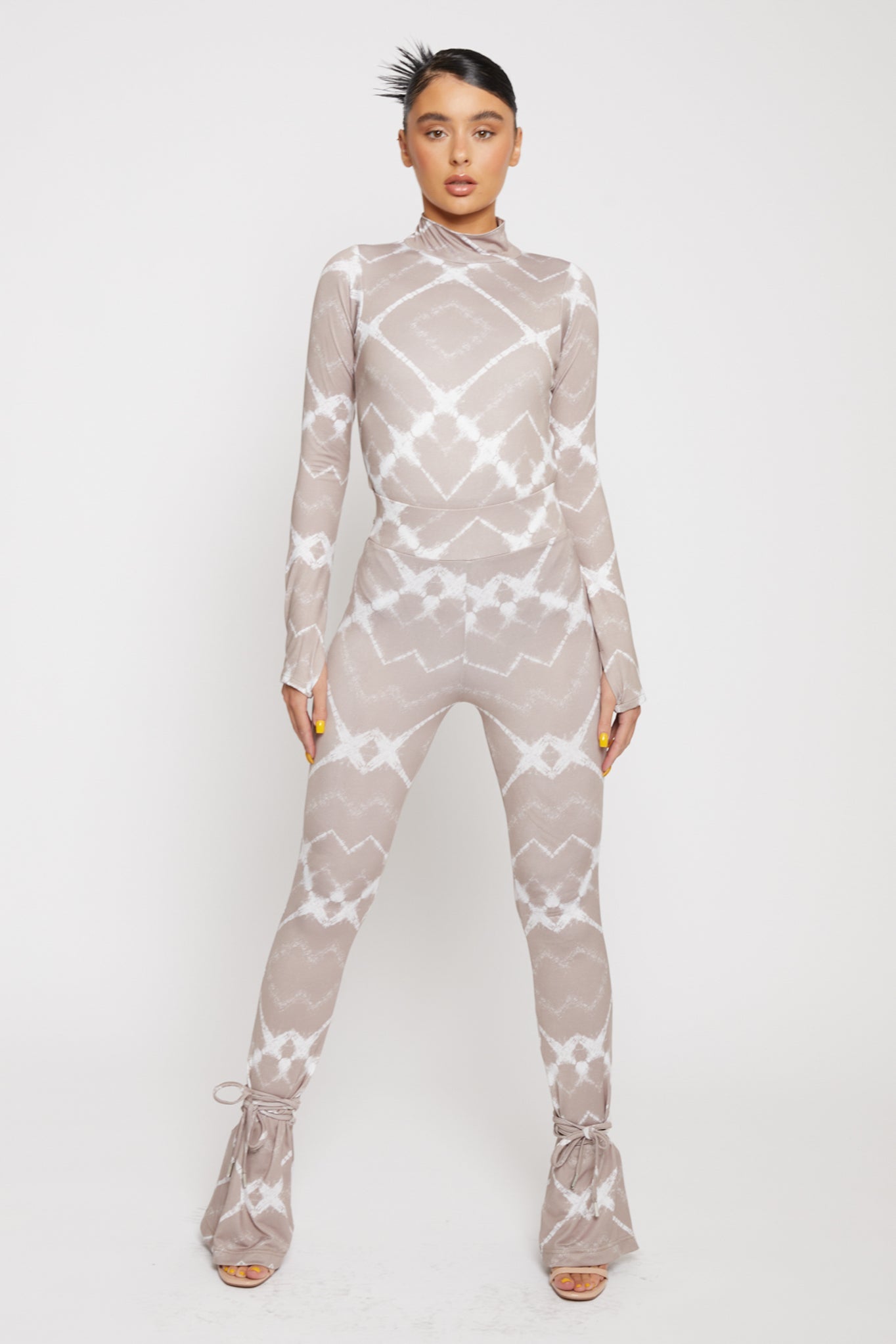 PRINTED HIGH NECK BODYSUIT - TAUPE