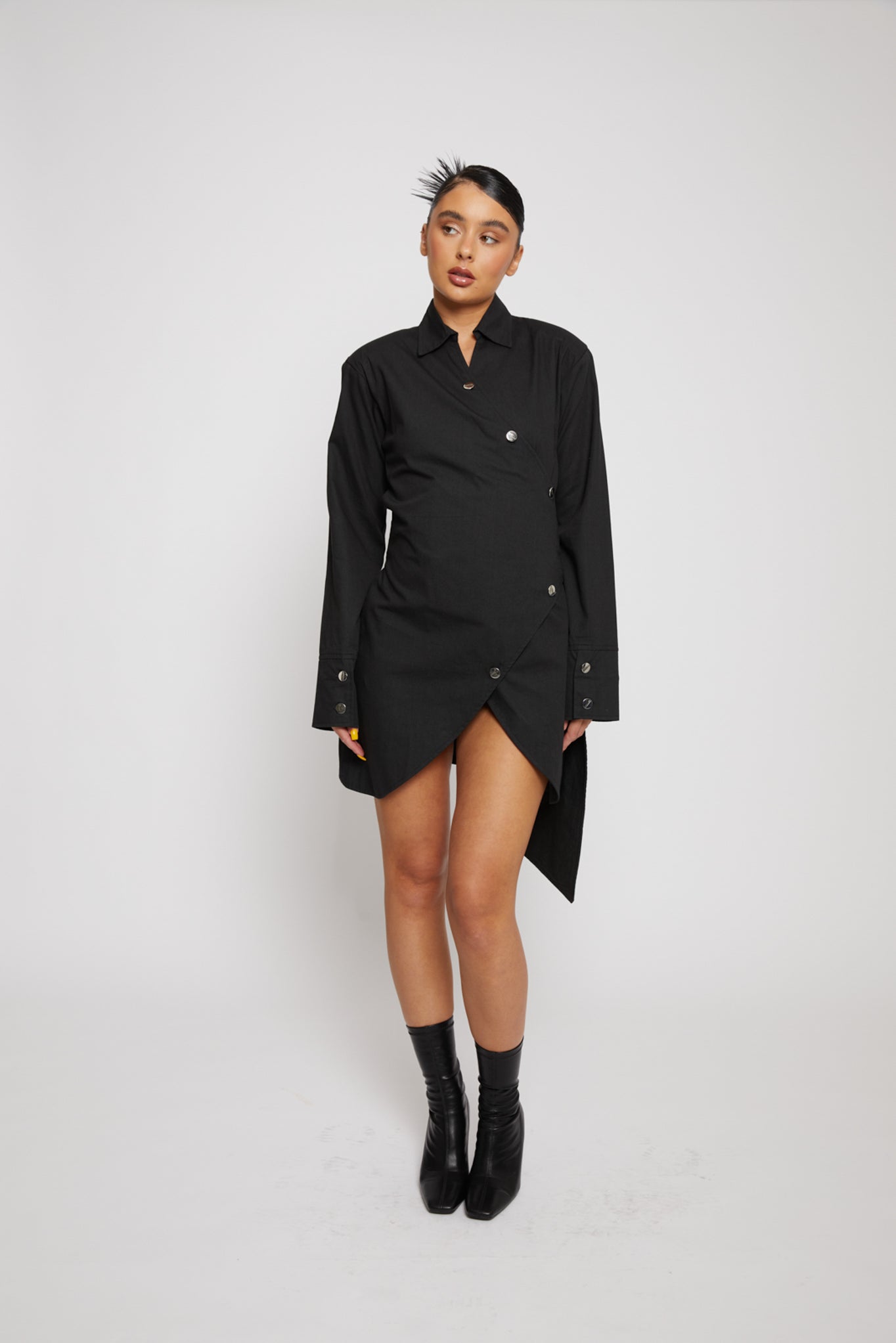 COTTON ASYMMETRIC SHIRT DRESS - BLACK