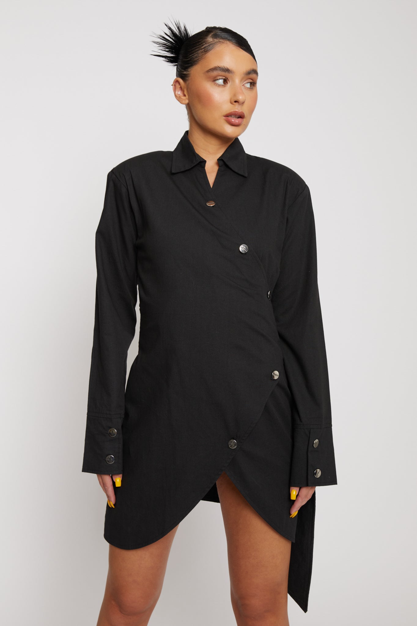 COTTON ASYMMETRIC SHIRT DRESS - BLACK