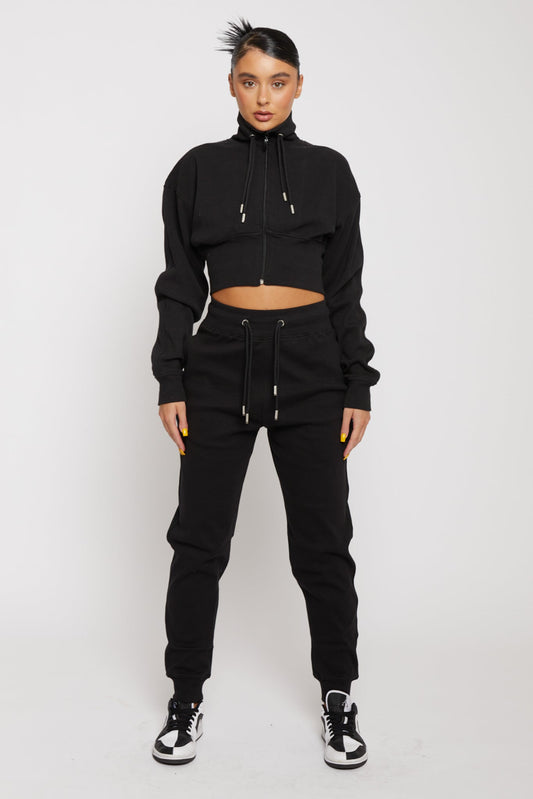 ZIP NECK SWEATSHIRT WITH EMBROIDERY - BLACK