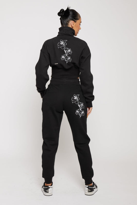 ZIP NECK SWEATSHIRT WITH EMBROIDERY - BLACK