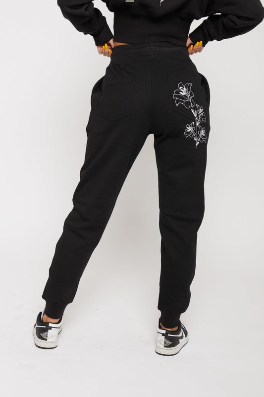 Embroidered Tapered Joggers - Black