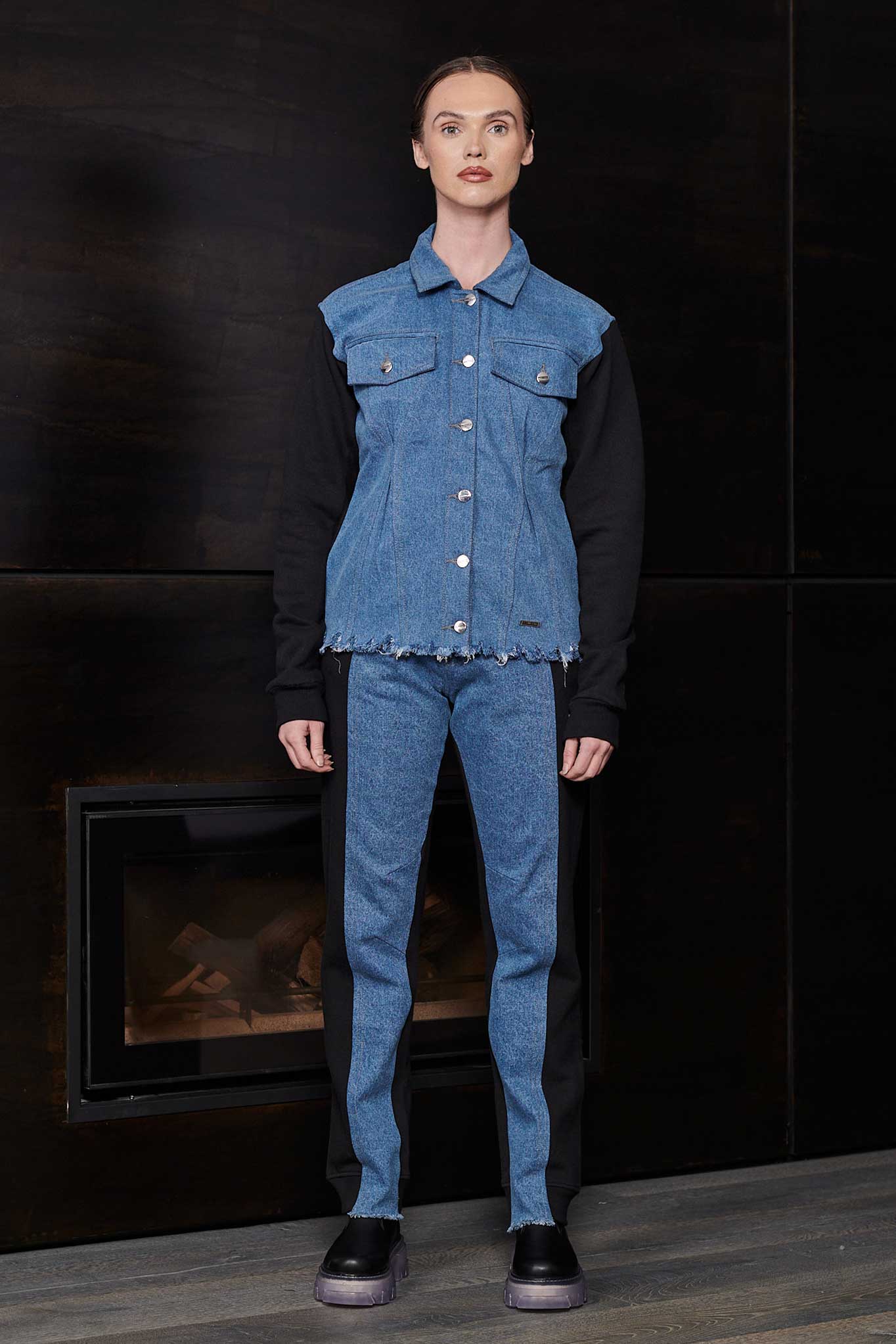 FLEECE WITH DENIM TAPERED JACKET - BLUE