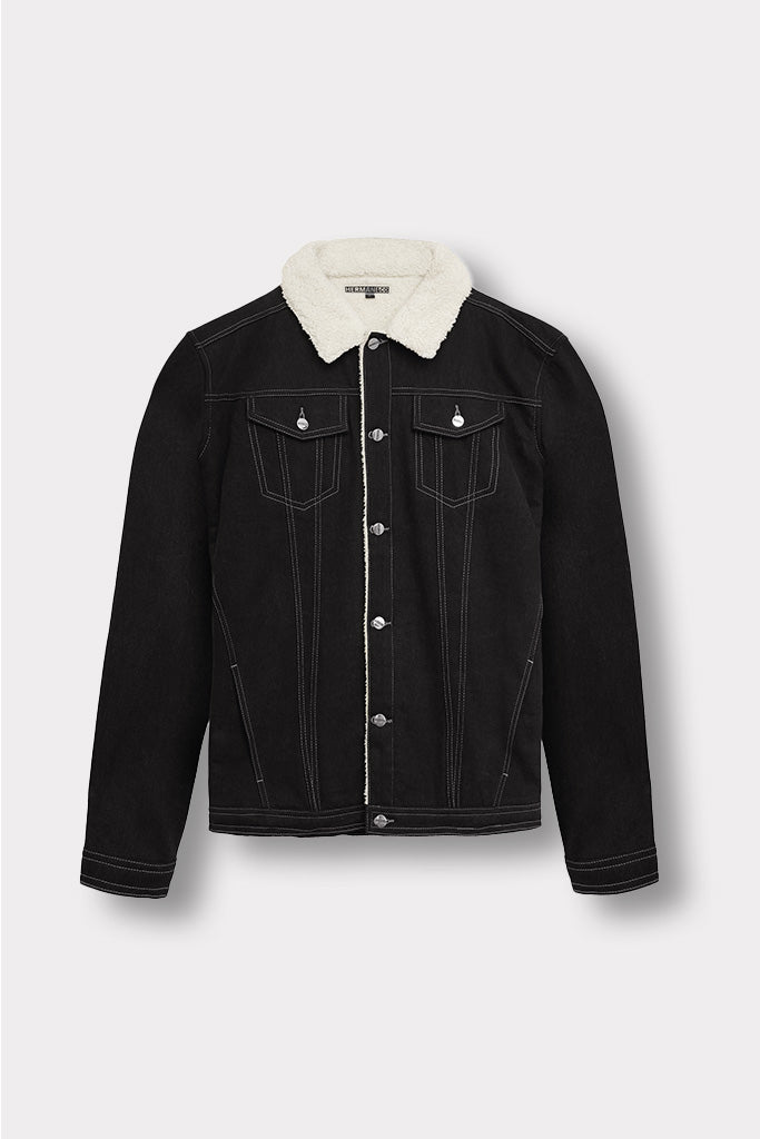 SHERPA OVERSIZED DENIM JACKET - BLACK