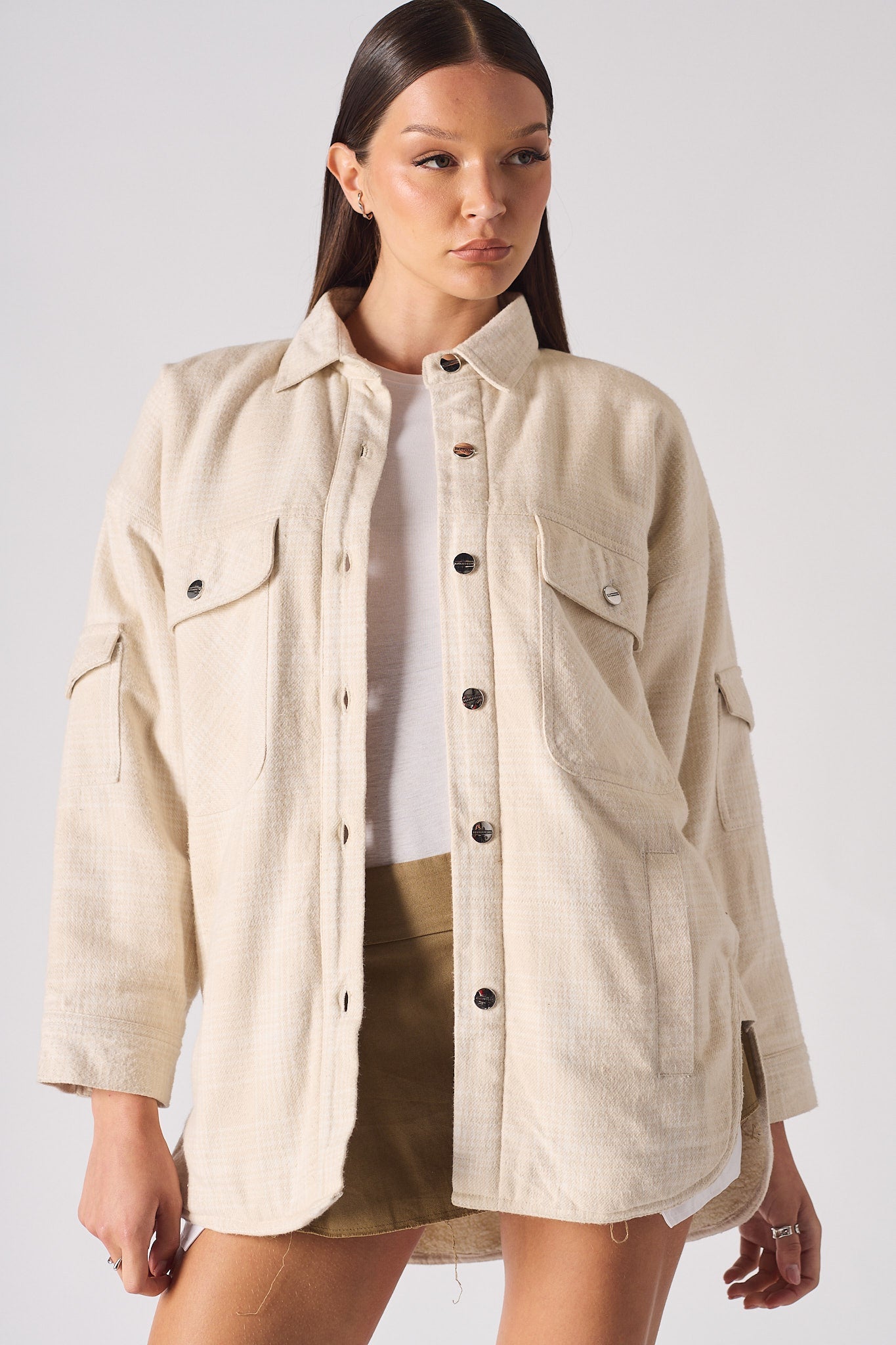 SHERPA CHECKED OVERSIZED SHIRT - BEIGE