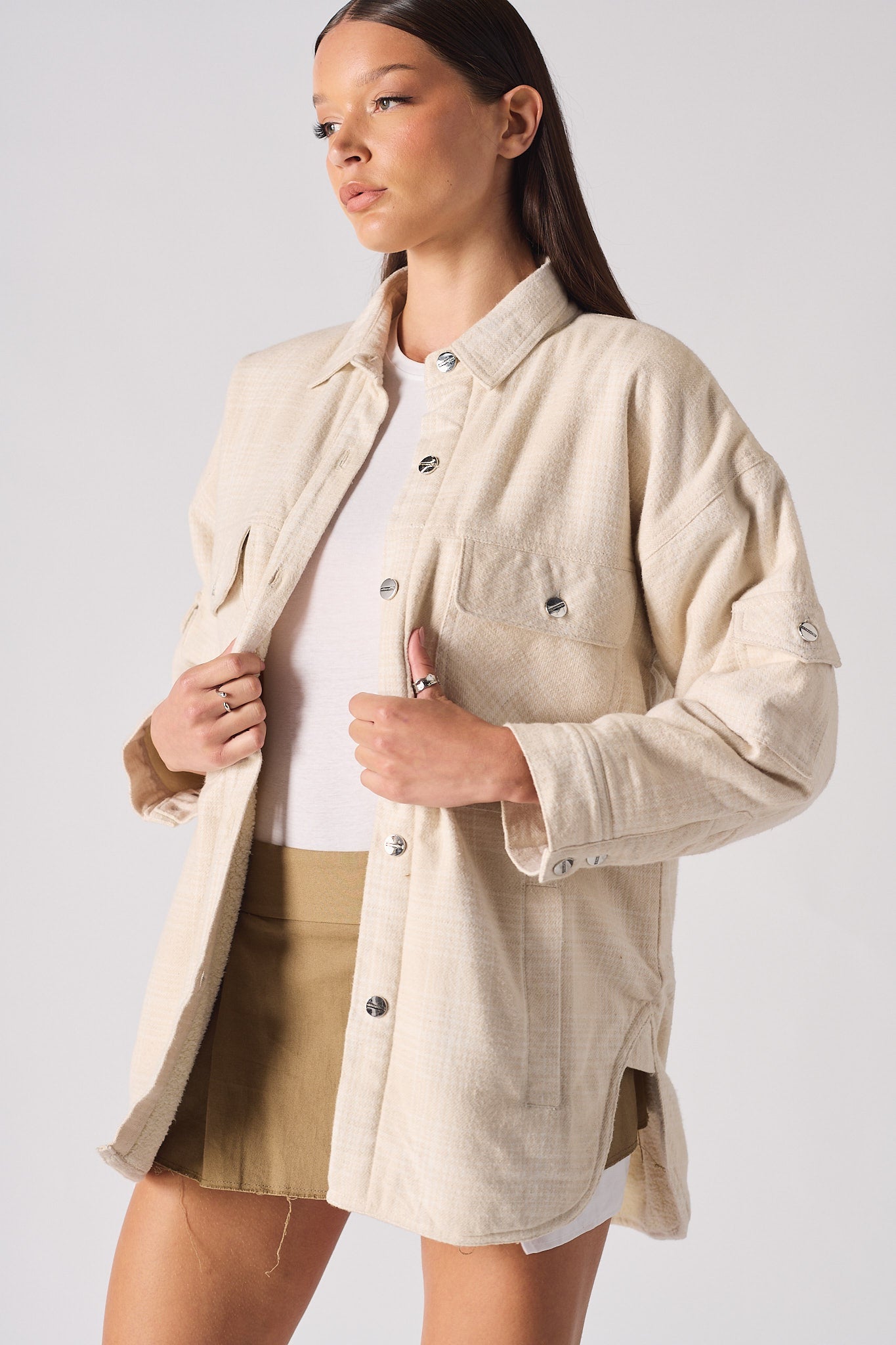 SHERPA CHECKED OVERSIZED SHIRT - BEIGE