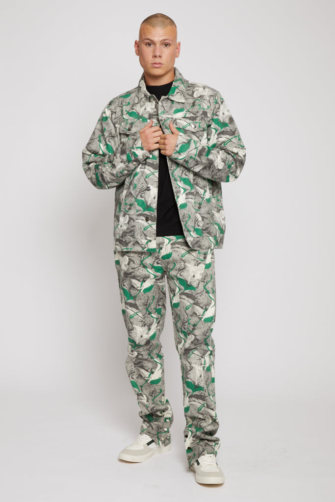 PRINTED DENIM JEANS - GREEN