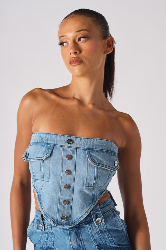 DENIM POCKET CORSET - LIGHT BLUE WASH