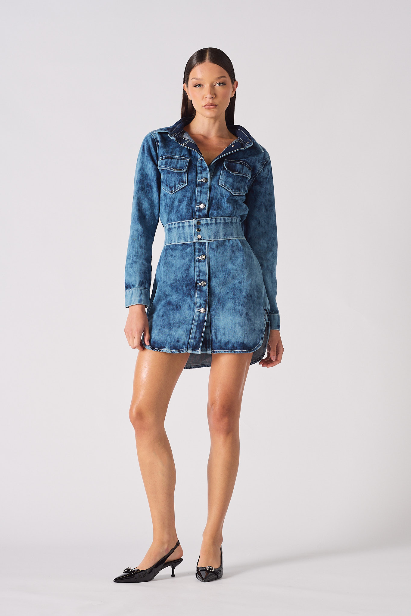 DENIM SHIRT DRESS WITH POPPER BELT - BLUE