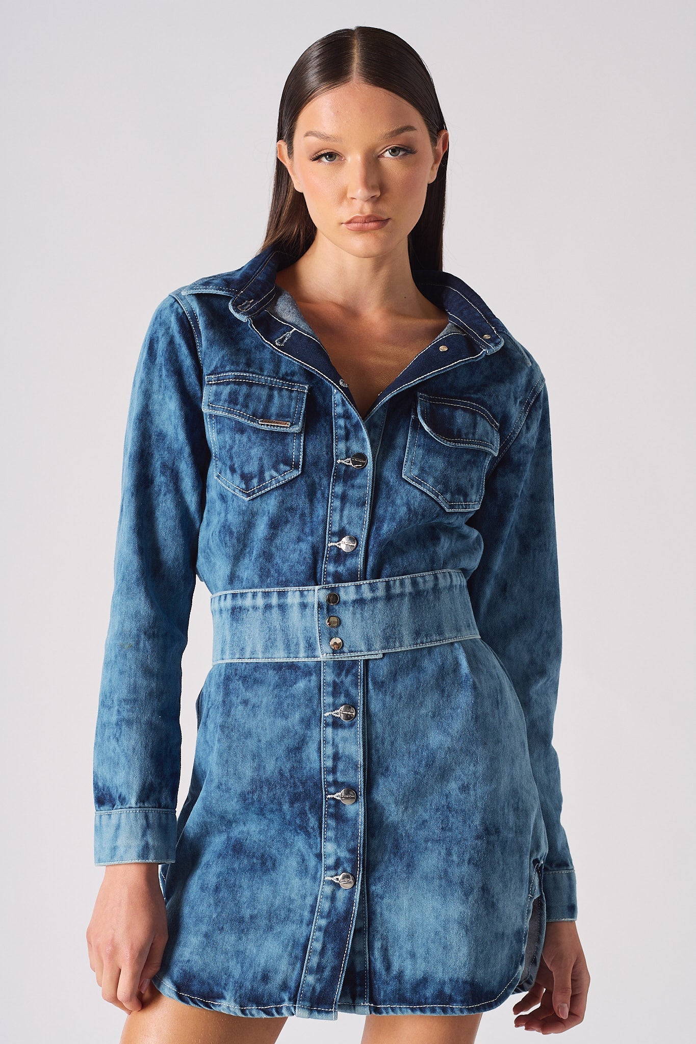 DENIM SHIRT DRESS WITH POPPER BELT - BLUE