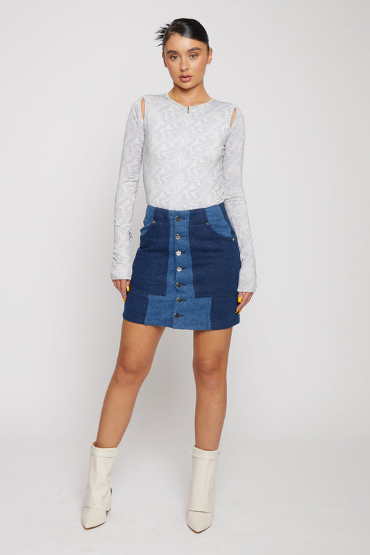 HIGH WAISTED CONTRAST PANEL DENIM SKIRT - BLUE