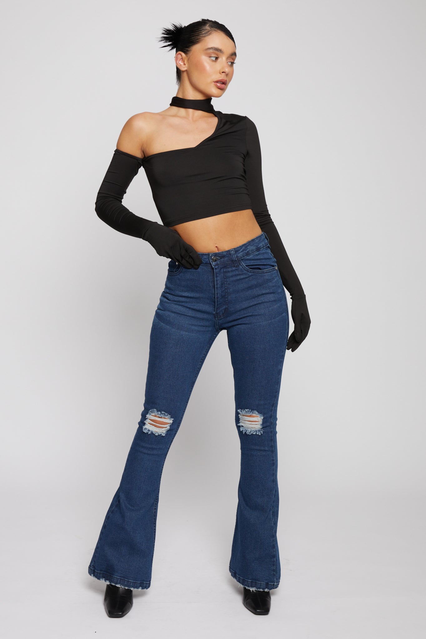DISTRESSED FLARE JEANS - DARK BLUE